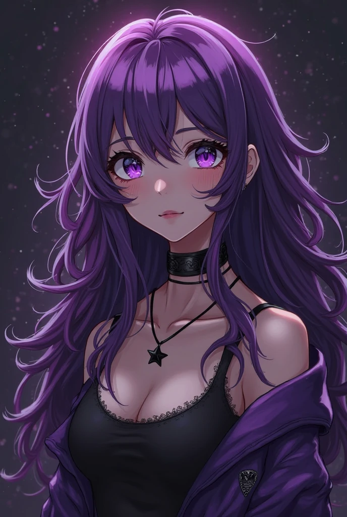 Human girl in her mid twenties with long purple hair, blue-violet eyes, big eyes with fierce determined gaze, thick eyelashes, thick eyebrows, pouty lips, blush on her cheeks, light freckles, nude, pierced nipples, multiple punk piercings, leather choker and Vivienne Westwood planet necklace