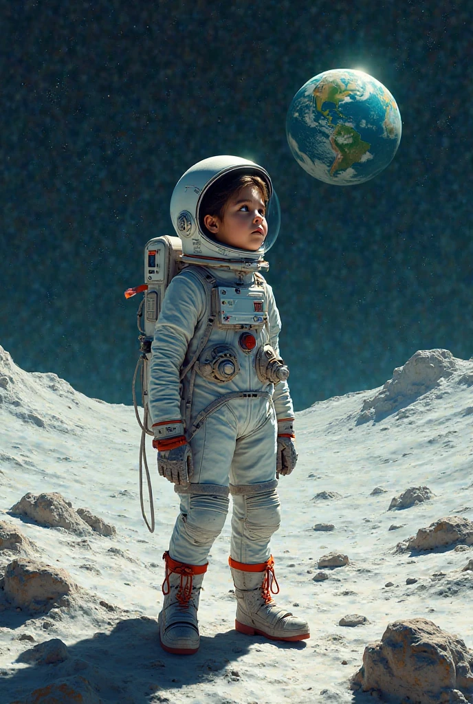 A stunning illustration of Artem, the young boy, standing on the moon's surface with a breathtaking backdrop of the Earth in the sky, its blues and whites gleaming with an otherworldly intensity, rendered in vibrant digital painting medium with meticulous texture and attention to detail. Aesthetically, the piece exudes a sense of wonder and childlike curiosity, with Artem's bright, wide eyes and determined stance evoking a sense of adventure. Warm, lunar hues of golden brown and creamy gray dominate the palette, with pops of electric blue and radiant white illuminating the scene. Best quality, ultra-high resolution.