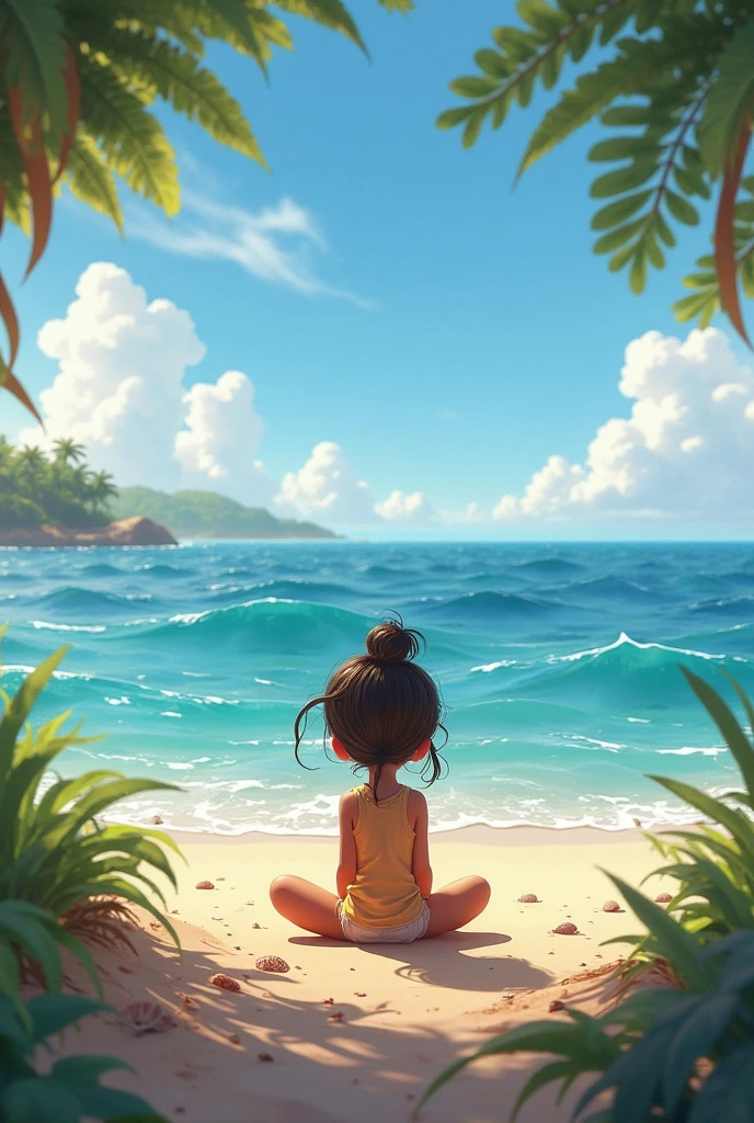 A small girl sit near the beach and imagine that she is heroine 