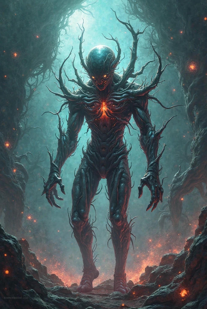 Demon in red background with greenish skin and long red glowing eyes moved by hurricane wind with outstretched hand with airbrush dynamic pose
