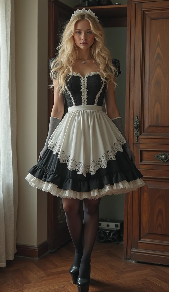 14-year-old girl in maid outfit with big breasts (Gothic style) torn skirt golden body proportion messy blond hair (inner splayed feet) (very detailed CG unity 8k wallpaper) big breasts torn skirt ruddy and shy Ed Blinkey America&#39;s most beautiful body art, ATey Ghailan, painting by Jeremy Professional Gorgeous Mann, Greg Manches, Antonio Moro, Artstation Trends, CGSOC IETY TRENDS, intricate, tall detailed, accurate, dramatic realism art, cg, 3d, 8k 4k