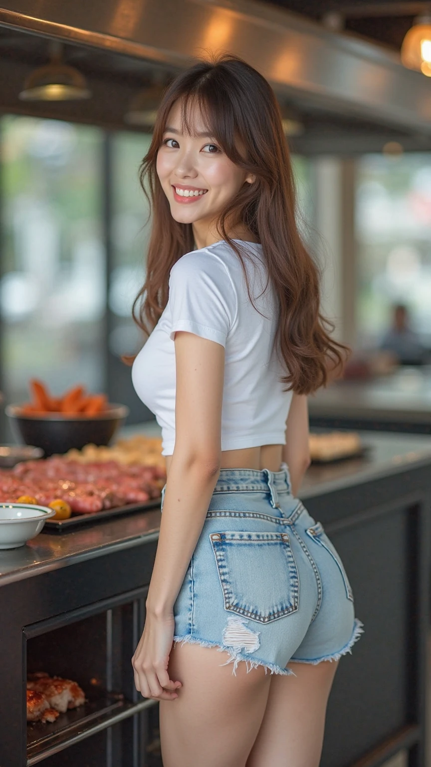 best quality, realistic, Wallpaper CG with excellent details Unity 8,000, depth of field, cinematic light, lens flare, ray tracing, (an exceptionally beautiful face, beautiful lips, beautiful eyes), A face with intricate details, ((Very transparent and natural skin)), ((asian young woman)), ((small smile:1.3), (blurred background), (bright light), (There are no people in the background:1.3), ((clear eyes)), ((front pose)), ((pale skin)), (best quality real texture skin:1.4), ((look at me)), ((full body shot)), (light brown hair), ((A slender waist)),((natural arm movements)), ((Fine-grained fingers)),((precise fingers)), ((correct the five fingers)), ((white crop top)), ((long jeans)), ((slim body type)), ((small ass))、((Long limbs))、((Full-body depiction))、((stand))、((Full-body depiction))、((thin thighs)), ((stand)), ((fast food restaurant)), ((holding a hamburger bag))
