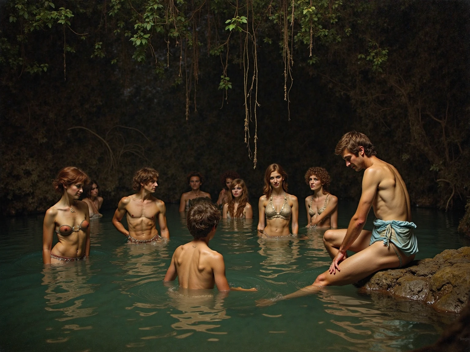 young white male holding young white female, in a cave air pocket above an underground river, shoulders and above out of the water, no sunlight, no surface vegetation, iridescent glowing fungi lighting, realistic, hyper realistic, photo realistic, beautiful faces, nordic faces, detailed eyes, close-up, intimate, romantic mood, out of breath, relieved expressions, looking at each other