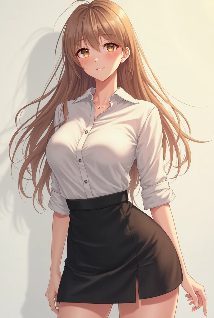 girl with a slim build and white complexion, long straight waist-length hair, his hair is dark red, light brown eyes and has some freckles on her face, She is dressed in a white button-down shirt and a tight black skirt., wears gold jewelry