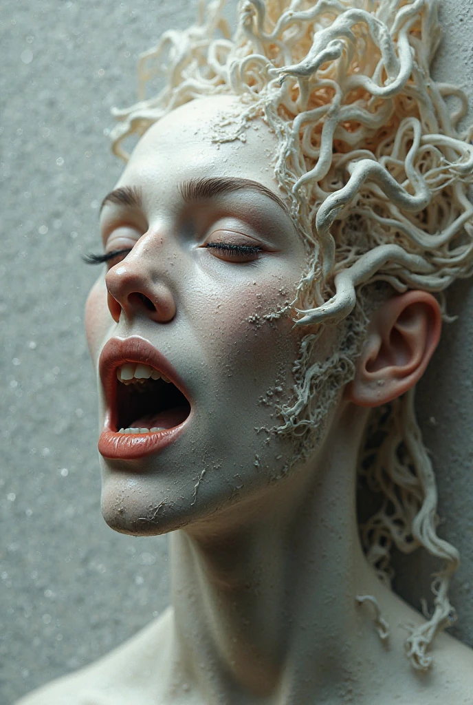 (beautiful screaming nude woman), (eyes open), (terrified expression), (((frightened expression))), (((startled expression))), (((crying))), (((shouting))), (marble face), (face made of marble), (face turning into marble), (head made of marble), (ASFR), (turning into marble), (becoming marble), (lying buried in the snow in a blizzard), ((((half made of marble, half made of flesh)))), side profile