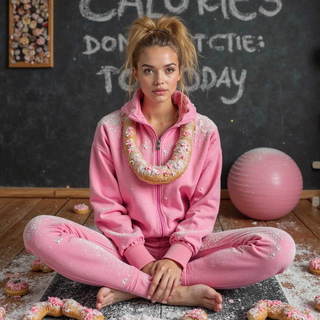 A girl with wheat-colored hair below her shoulders. In a blue sports suit, adidas in the style of the 90s stands in the room, a carpet hangs on the wall behind.
Garland "happy birthday". The girl is holding a sausage sandwich with a festive candle stuck in it,