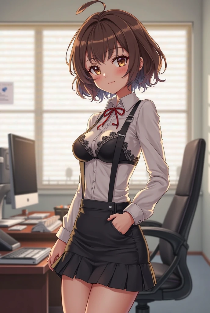 Ultra-detailed finish、(High resolution、highest quality)、Masterpiece、Ultra-detailed beautiful faces、Beautiful dark eyes、(bank teller, bow, short sleeves, pantyhose, white shirt, pencil skirt, Check vest:1.1)、Very cute beautiful girl、18-year-old、Inner thighs、Are standing、Slim and long beautiful legs、(embarrassed:1.2), (blush:1.1), (Embarrassing:1.2), brown hair, messy hair, short hair, indoor, erect nipples, (pussy juice)