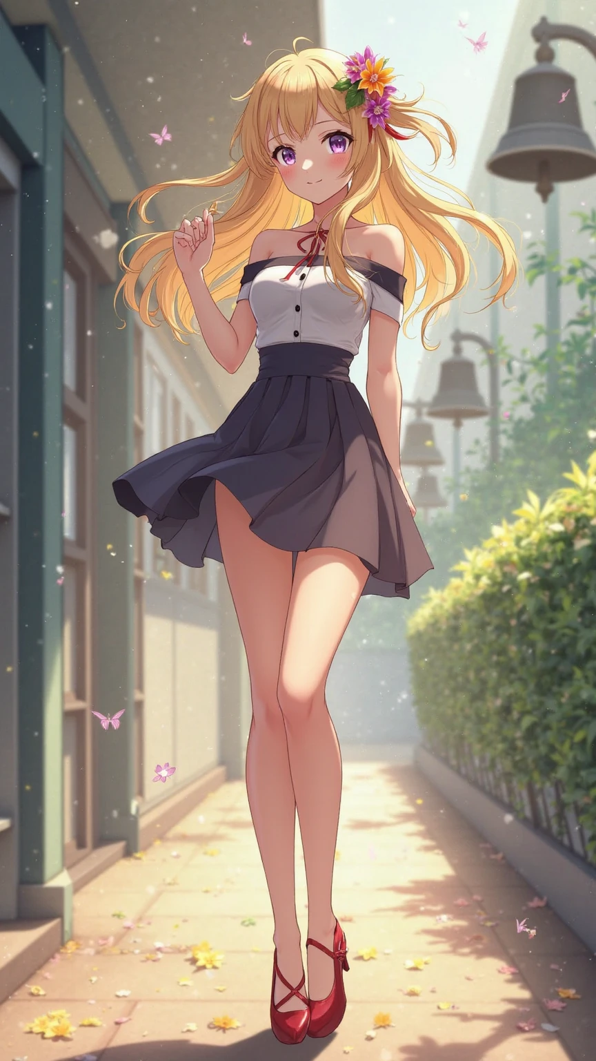 ((Elizabeth)), (best quality), (great lighting), (artwork), (superior details), (full body), (full body), 1 beautiful girl, (long white hair), detailed eyes, (thin body), big breasts, butt, small pink shirt, (very small shirt), black mini skirt, (black mini skirt), ((strong wind lifting the skirt, lifting the clothes)), white panties, panties showing, (flower field background), ((Great quality)), ((Great lighting)), well lit, (awkward pose), embarrassed smile, carme, beautiful, (8k_wallpaper)