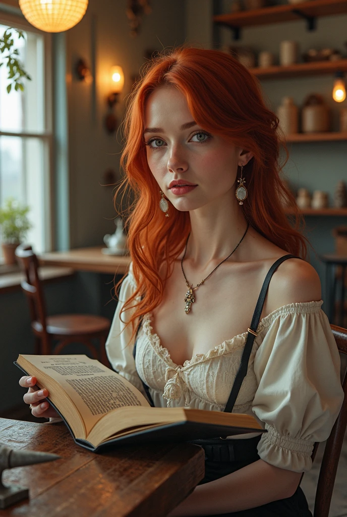Create a real red-haired woman, alta, branca, large breasts, magra, 27 anos,  reading a book 