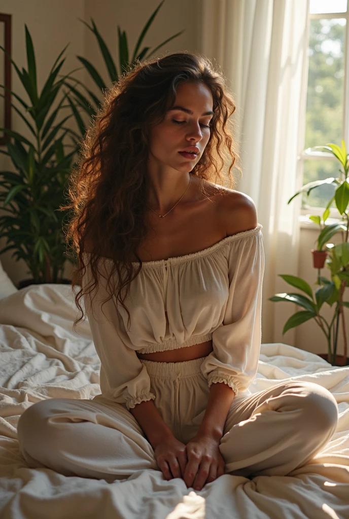 (photorealism:1.2), beautiful woman, sitting on bed, wearing loose off-shoulder top, pajama pants, long curly hair, indoors, soft lighting, plants in background, window with sunlight, cozy room, relaxed pose, realistic, intricate details, warm colors, by Greg Rutkowski, by Alphonse Mucha