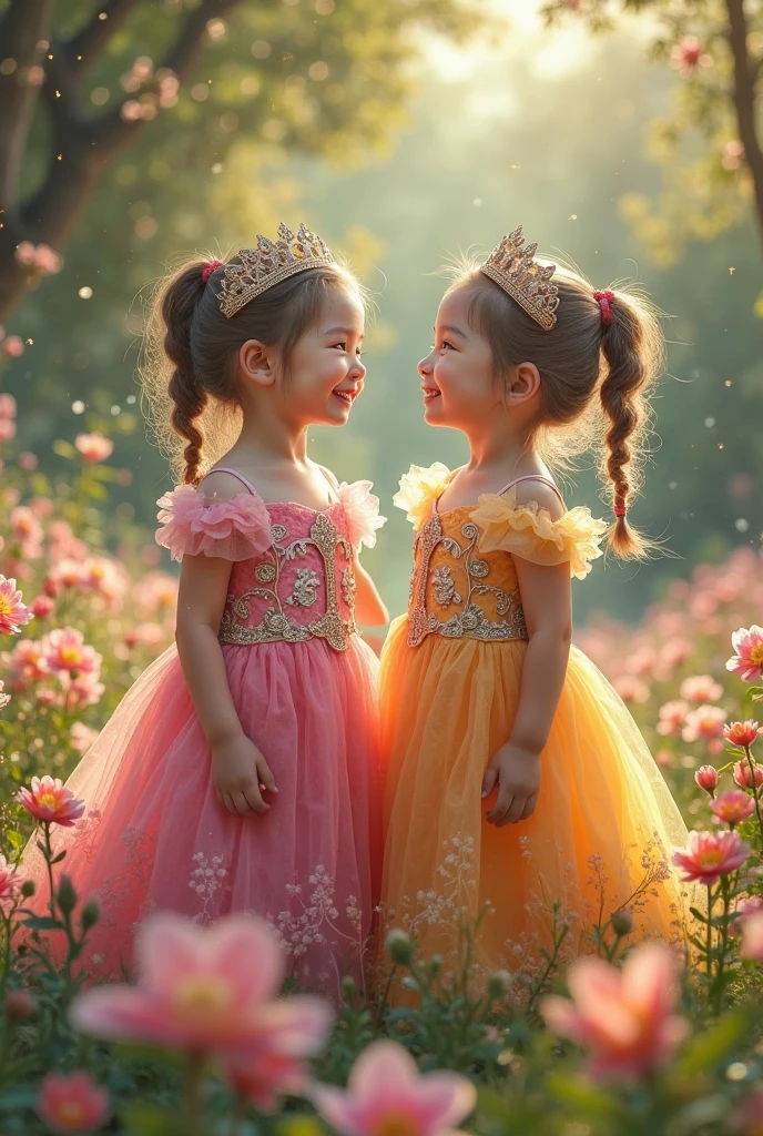 Create Real pinoy two kids gilr  and baby girl 1years old wearing pink gown princess 