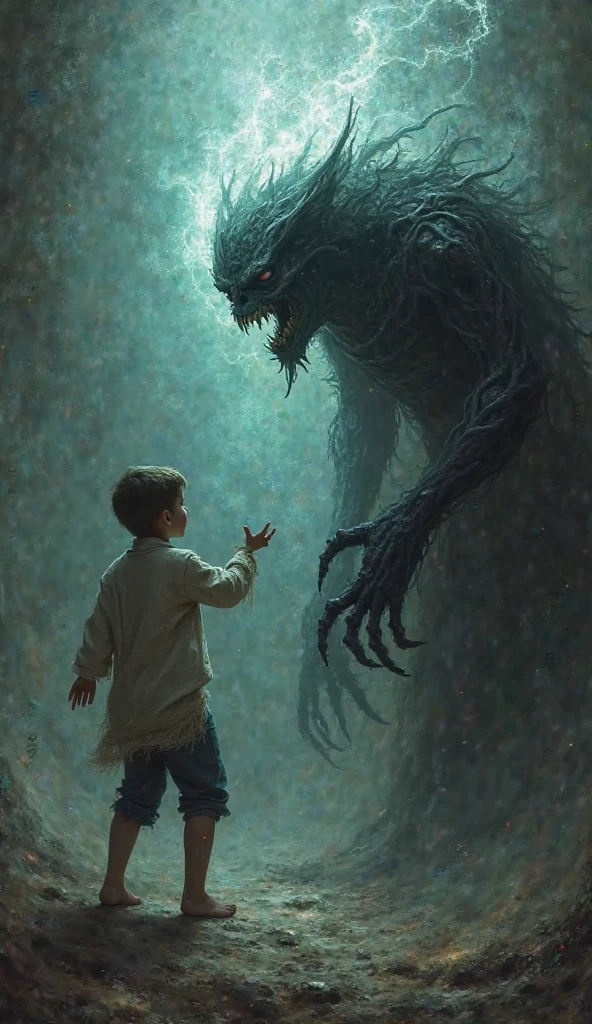 make a  asian boy holding hands with a black roots monster. have both of them face each other at school