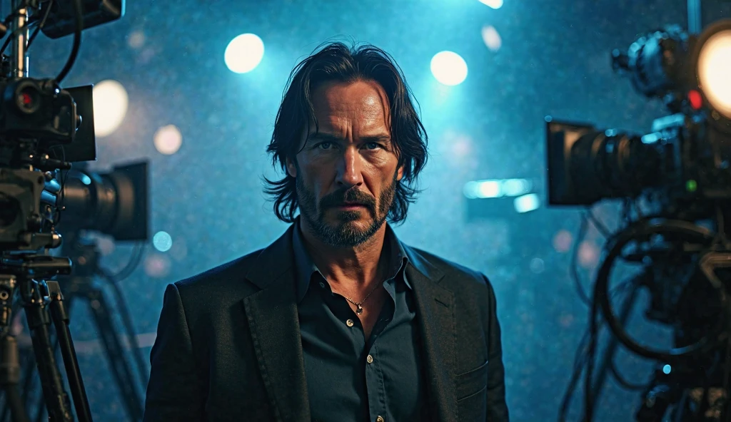 Ultra-realistic portrait of Keanu Reeves standing heroically in a professional film studio, surrounded by cameras, lighting rigs, and cinematic equipment. Dramatic studio lighting casts a strong blue and white glow, highlighting his determined expression. High-definition, cinematic shot, sharp details, professional photography, hyper-realistic, 8K resolution