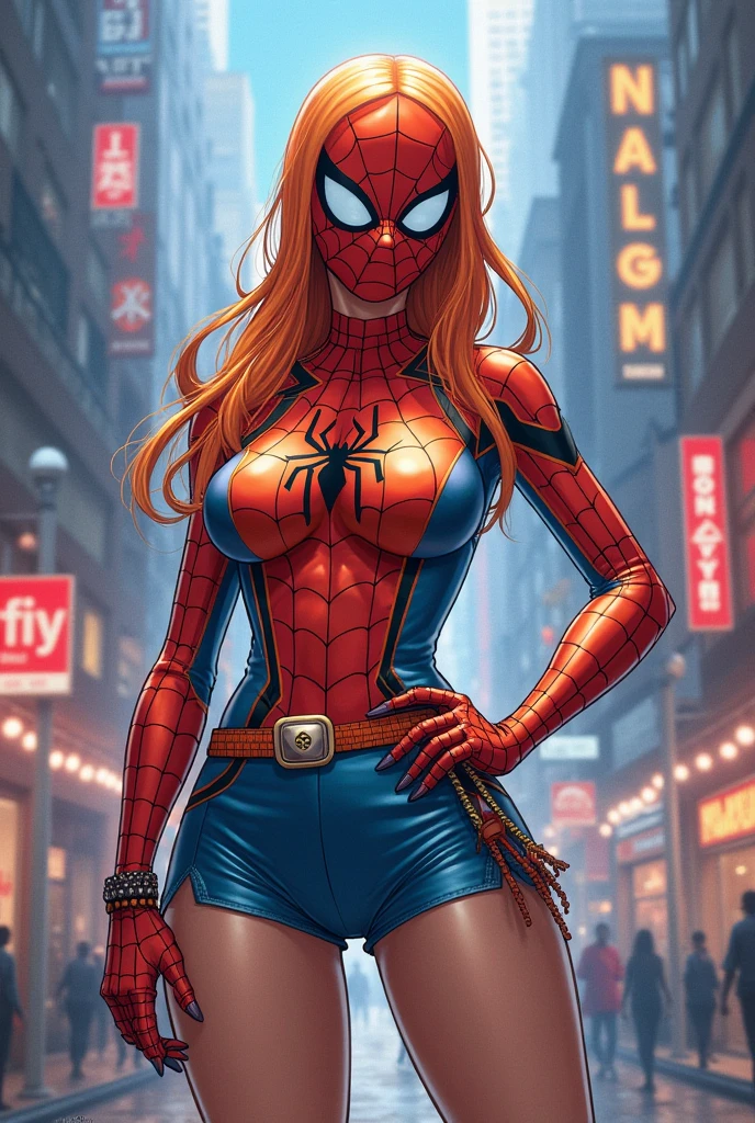 glamour shot of comic woman modeling , MJ_watson, redhead ((bangs)), long red hair, freckles, big green eyes, (((huge breasts))), model a woman with red hair and a spider - man shirt, NSFW posing for a picture in front of a building with a glass window superhero proportions, epic body, crop top, perfect teeth, great smile. <lora:MJ_watson:0.7> alluring lighting, Marvel . graphic illustration, comic art, graphic novel art, vibrant, highly detailed. Beauty focused, make-up, lighting, seductive