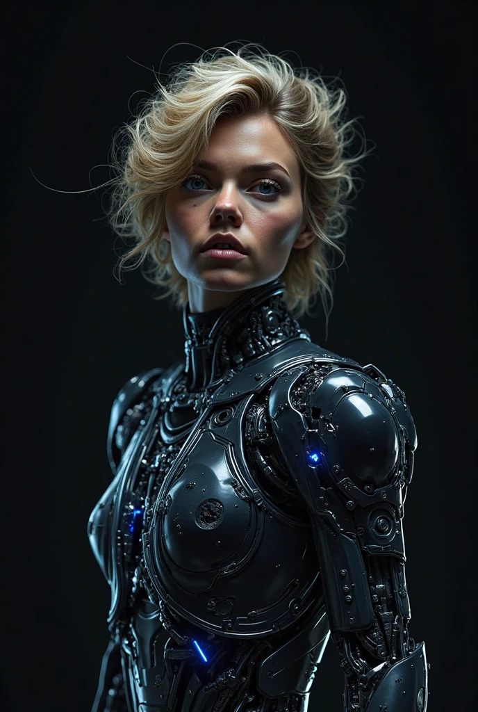 a cute 25 years old blond short vivid mohawk hair girl made out of metal, (cyborg:1.1), (detailed wire), (intricate details), hdr, intricate details, hyperdetailed, cinematic shot,m, centered, heavy makeup, big boobs, full shot