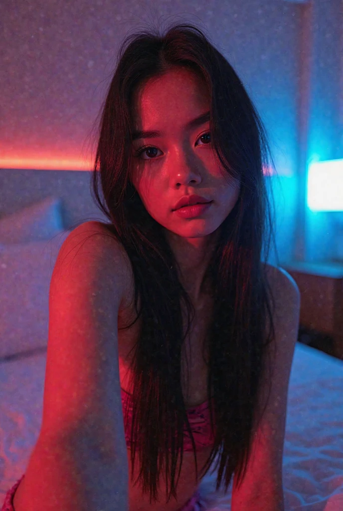8k Beautiful Naked Asian Woman, big , on the bed with a Neon Colors behind
