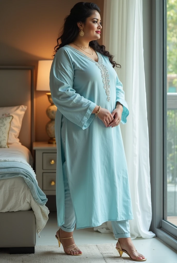 50 year old indian fat woman in long kurta pajama, side view, putting clothes on rope