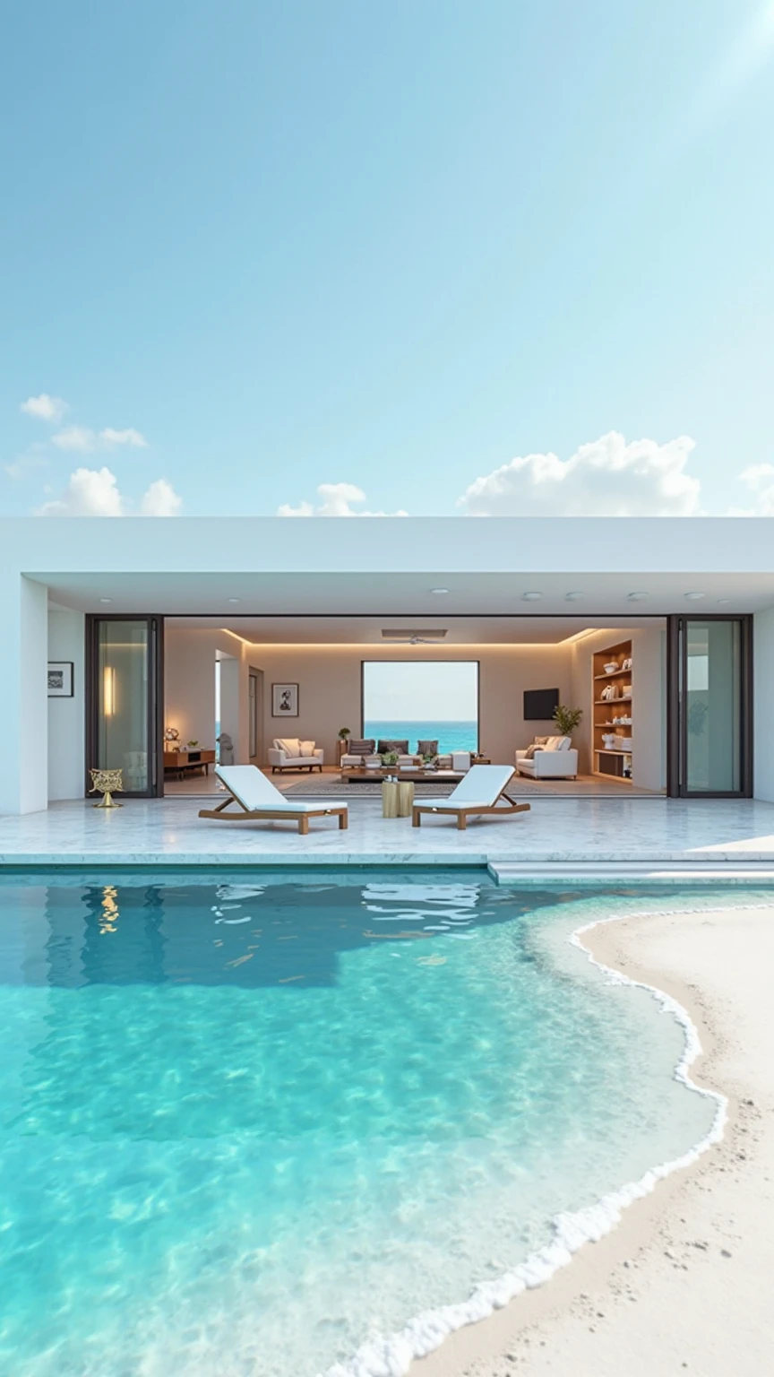 Hyper realistic photo of a huge modern house with white walls, large glass doors and a minimalist design, standing right on the ocean. In front of the house is a terrace with an infinity pool that smoothly merges with the blue sea. White sand and clear turquoise water create a perfect picture of a tropical paradise. Inside, a stylish interior is visible with marble floors, wooden furniture and warm lighting.