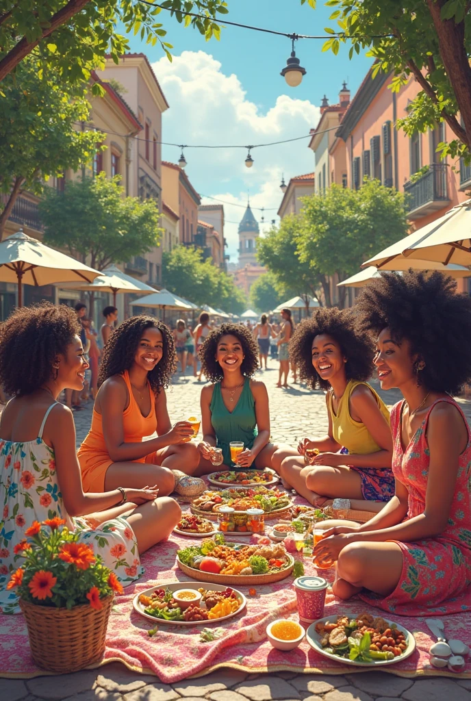 African woman with Asian woman with American women eating pizza in Brazil 