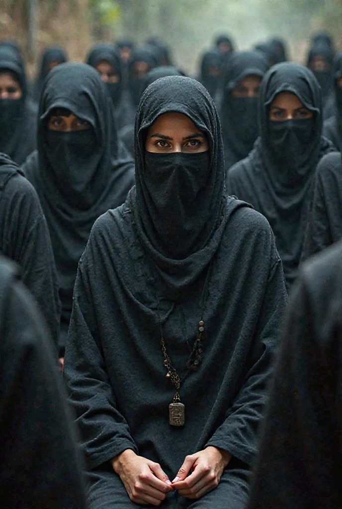 A young Muslim woman, wearing a thin black coat, ((her face and head are covered by a black scarf)) standing behind a barbed wire fence, ((large beautiful eyes)), behind her are many Muslim women wearing traditional clothes