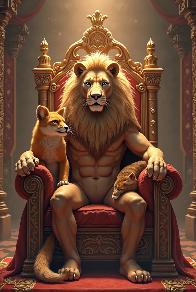 (realistic, Masterpiece, detailed face, best quality, height, 4k), Fantasy art style, Imagine the astrological sign of Leo, the majestic Lion who embodies the great model who radiates confidence and power.. He sat on a huge throne., He had golden hair and wore only royal regalia., Express the essence of leadership and charisma., bare, big penis