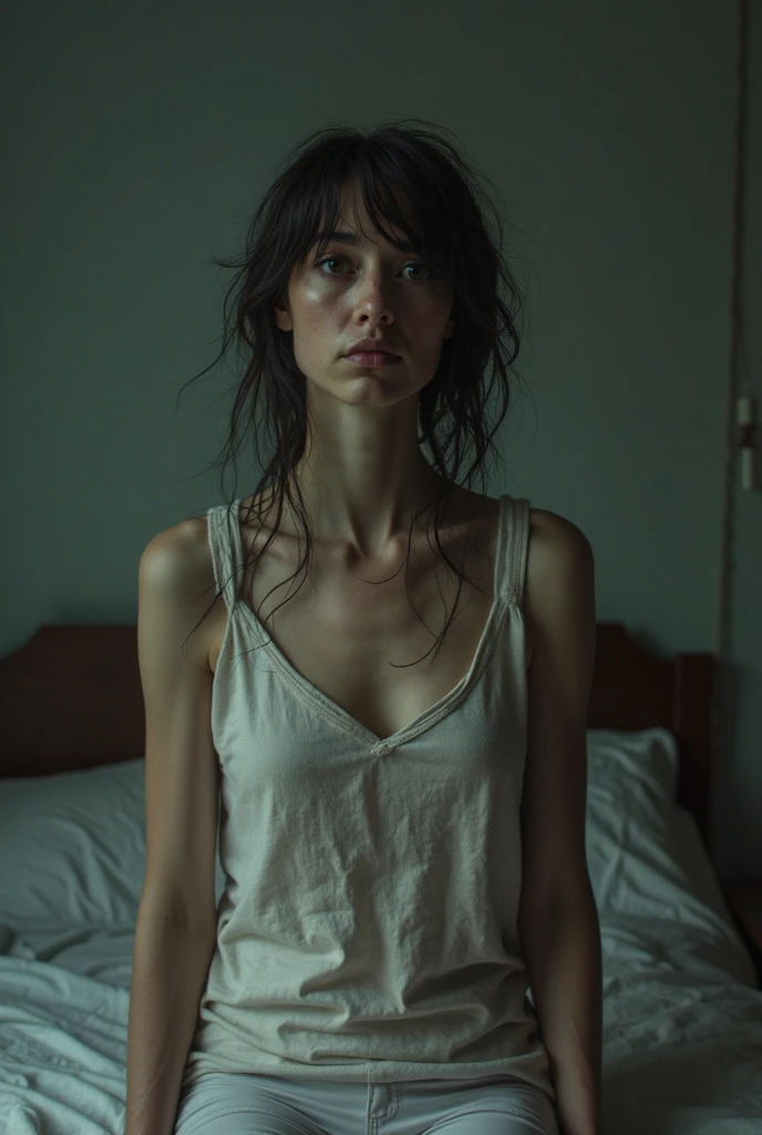 image of a very beautiful lady, white eyes, long messy hair, in a white rooms, high contrast between the dark background and the bright, in the style of movie still, snapshot realism, fujifilm eterna vivid 500t, chinapunk, cyberpunk realism, poolcore --ar 73:111 --stylize 750 --v 6