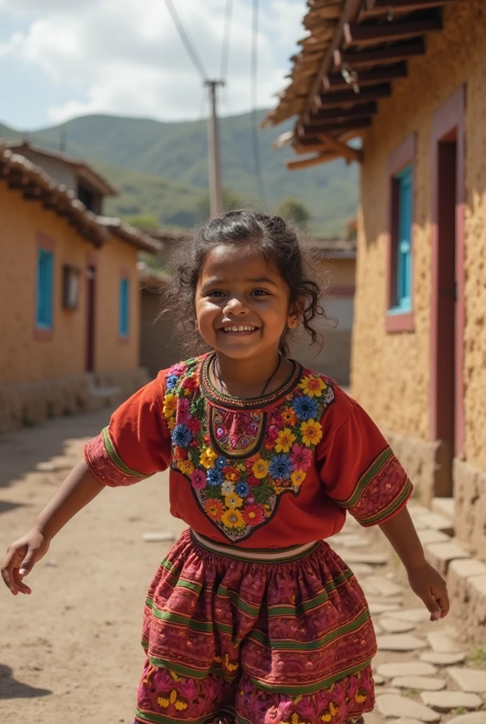 Inca girl, ten years old, brightly dressed, standing on a mountain peak
