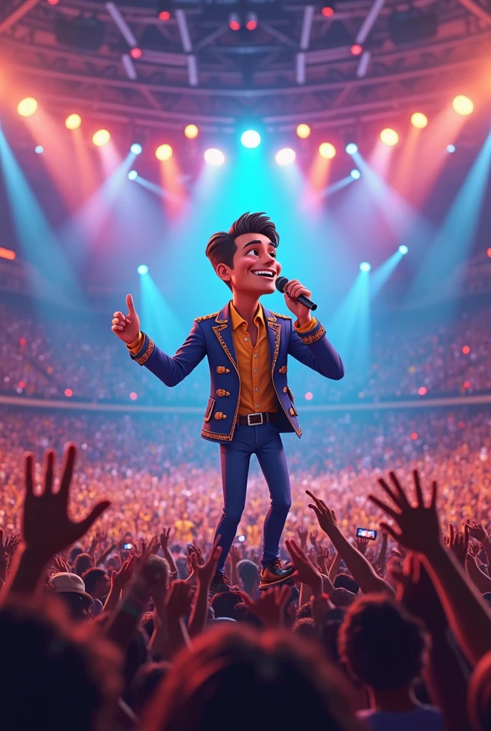 （character  design）， (5 cute sunflowers，Wearing different colored clothes，stand in front of a microphone and sing, Anthropomorphic and happy）, Happy anthropomorphic boy with sunflower，Holographic Color Set,Smiling, big bright eyes, Background with：stage，neonlight，like a dream，Whimsical，fairytale-like, super detailing, pixal style, vivd colour, Natural soft light,, 5 octane rendering, ultra-wide-angle, 8K, High realism，Grand Prix