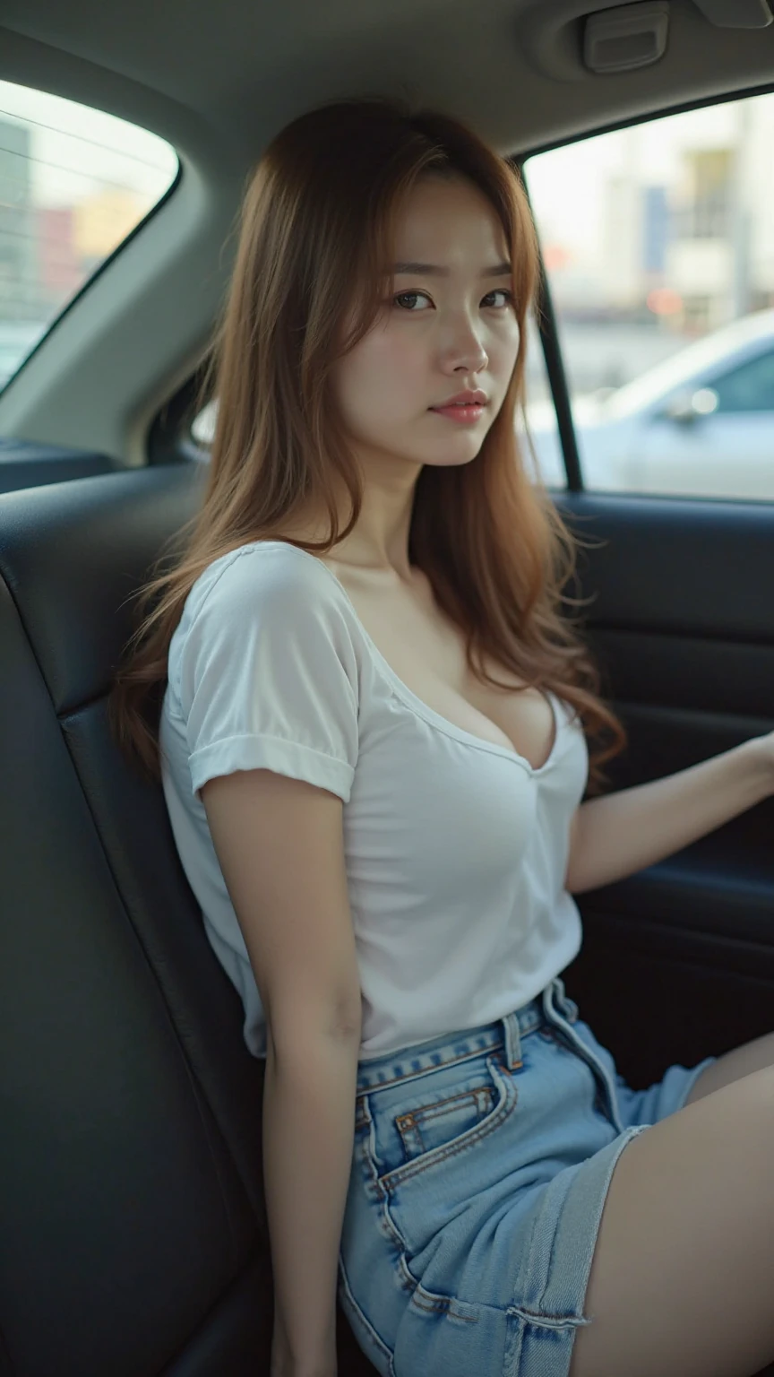 ((best quality)), ((masterpiece)), (detailed), portrait, perfect face, light brown hair, young, perfect face, brown skin, big breasts, perky breasts, green eyes, big eyes, subtle asian traits, defined eyebrows, long hair, straight hair, sitting inside an old ford car, wearing a striped vintage shirt