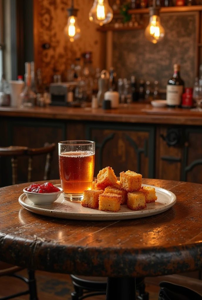 Realistic high-resolution photograph in a cozy and vintage bar, with a rustic wooden table highlighted. on the table, a cup with cachaça placed in an elegant way, accompanied by portions of breaded and well grilled diced tapioca cubes and a small container with red jam, evidencing the combination of flavors and textures. The warm and soft lighting highlights the details of the cup, the subtle brightness of the beverage and the texture of the cubes, while the composition provides an intimate and celebratory atmosphere, referring to the tradition and the unmistakable flavor of Brazilian cachaça.