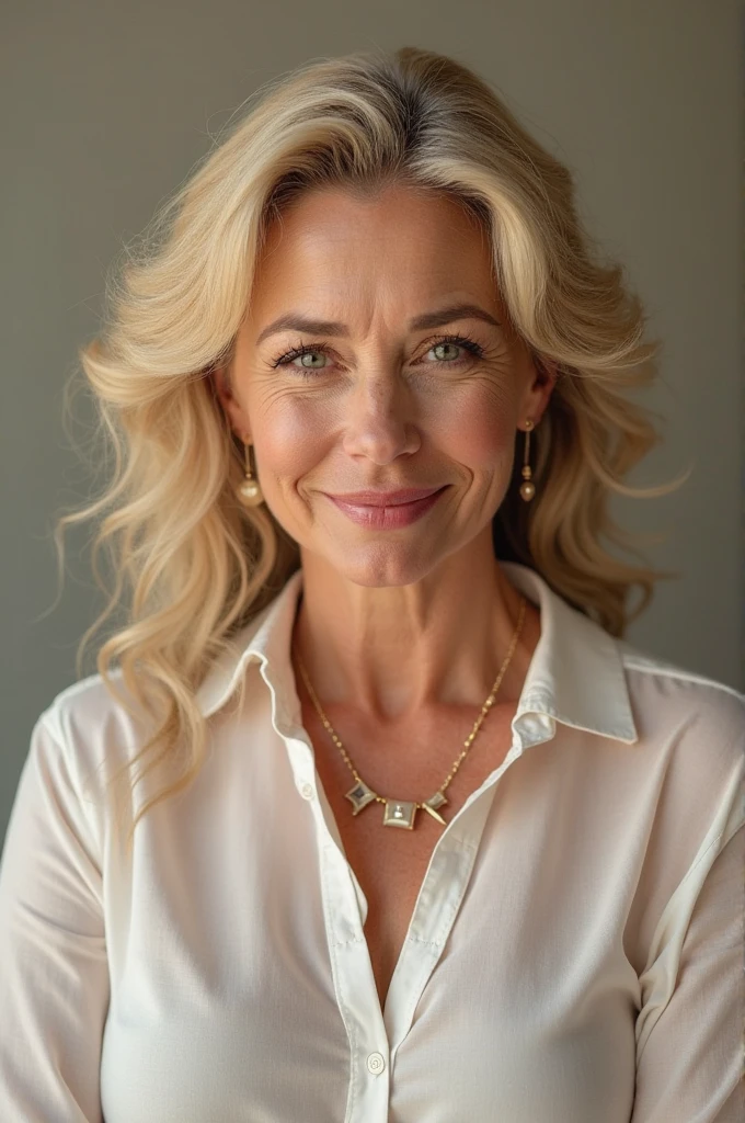 mature woman in, 60 years old, standing alone, Casual hair, gazing at viewer, White hair, eyes browns, jewerly, whole body, (wearing a stylish yellow shirt with a tubular collar and tie), distant photo, realisitic, Um sexy, beautiful color, completely naked