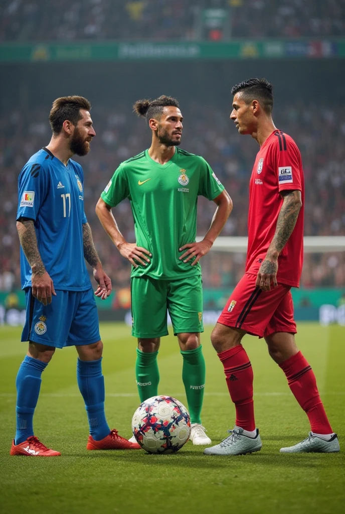 Iranian football player strong hairy bearded full beard, Red and black striped shirt, black shorts and red socks and black boots, greeting a player in Corinthians uniform with a handshake.