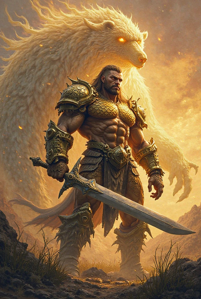 Gold armor, berserker potrait, male barbarian, fantasy art, From his look alone enemies starting to panic, one head,devilish smile, Hell beast, demon, white-fire Sky, warrior, with scythe and shield, beutiful, men, Werelion, long braided red Hair, glowing gold eyes, realisitic, highly detailed, Unreal Engine, 8k-upscale