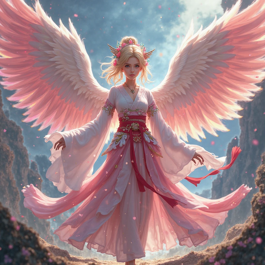 a beautiful angel with large wings, full body, mystical fairy tale, deep space sky, black and white, Jeremy Mann style, Louis Icart style, Valentin Serov style, Makoto Kobayashi style, Karol Buck style, (best quality,4k,8k,highres,masterpiece:1.2),ultra-detailed,(realistic,photorealistic,photo-realistic:1.37),HDR,UHD,studio lighting,ultra-fine painting,sharp focus,physically-based rendering,extreme detail description,professional,vivid colors,bokeh