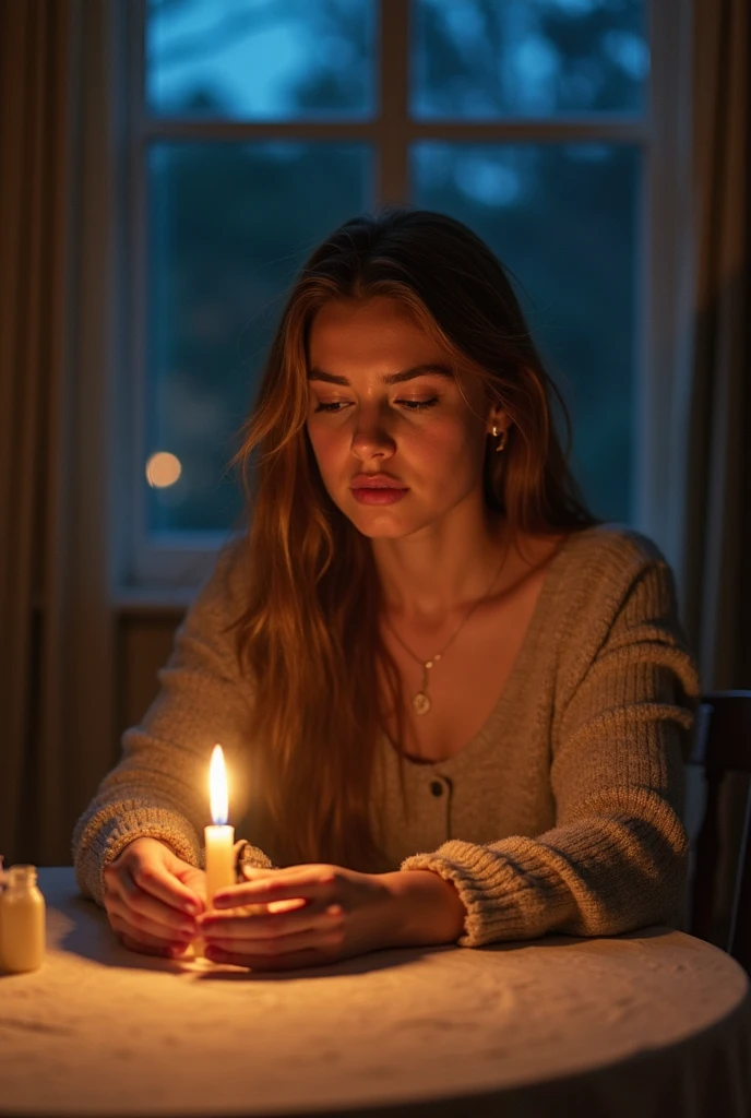 The young woman sits again at the table, now holding the remains of the candle in her hand. Her face shows quiet acceptance—no more tears, just understanding. The once-warm wax is now cold and solid. She gently places it in a small box or a drawer, symbolizing the end of waiting. A new, unlit candle sits nearby. The open window allows a soft breeze to enter, and the night sky looks a little brighter, hinting at a new beginning."