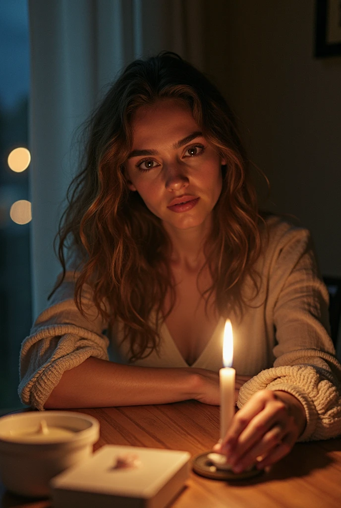 The same young woman sits again at the table, now holding the remains of the candle in her hand. Her face shows quiet acceptance—no more tears, just understanding. The once-warm wax is now cold and solid. She gently places it in a small box or a drawer, symbolizing the end of waiting. A new, unlit candle sits nearby. Make "The open window allows a soft breeze to enter, and the night sky looks a little brighter, hinting at a new beginning."