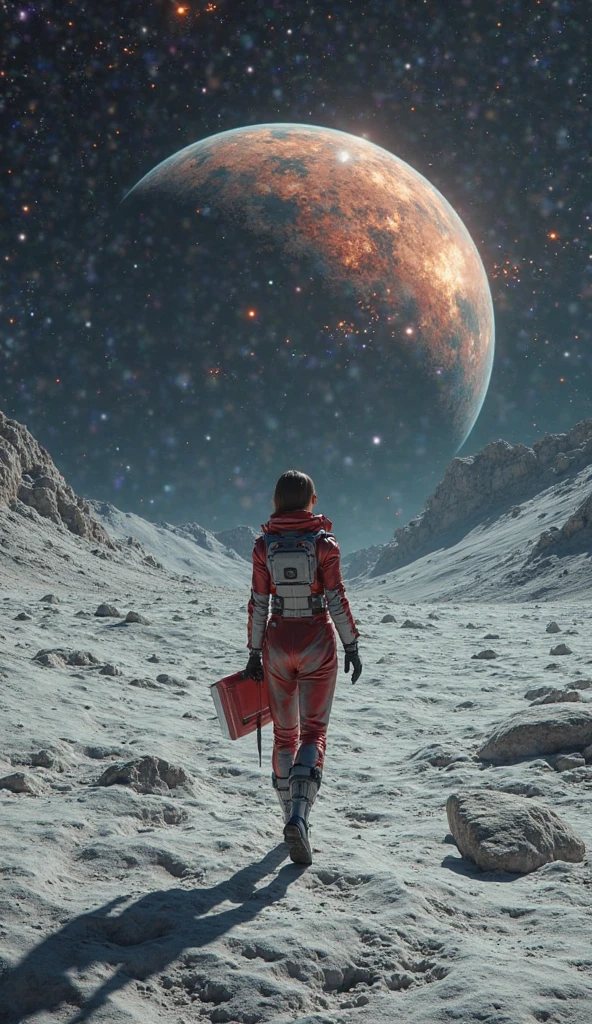 A very beautiful landscape of moon-surface.  at the military base on the Moon \(beautiful,magnificent,beautiful architecture. track\( many combat ships \(maneuvered  \)\). Marshal\( in a combat suit \)  guiding the takeoff of the spaceship .  The last line of defense \). science fiction . Preparing for battle with huge space monsters.  Battle sparks fly in the sky . earth in heaven. beautiful. shot in the dark. Realistic movie scene A beautiful brunette woman Clara 39 years old , in haute couture elegant look perfect for 2025  , An unseen look for 2025 exclusive  , color red and vibrant exclusive Midi look unique Penélope style
The Neoreal character walking like a beautiful brunette woman Clara 39 years old