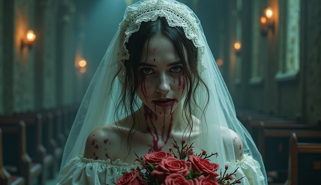 Full body shown. A zombie woman in a maid outfit, extremely detailed eyes and face, beautiful detailed lips, longeyelashes, detailed zombie skin texture, maid outfit with lace and ribbons, Halloween night, horror, dark and moody atmosphere, dramatic lighting, pale skin, sunken eyes, sharp teeth, dripping blood, brain, (best quality,4k,8k,highres,masterpiece:1.2),ultra-detailed,(realistic,photorealistic,photo-realistic:1.37),dark colors,deep shadows,cinematic,dramatic. Full body shon, show her from head to toe