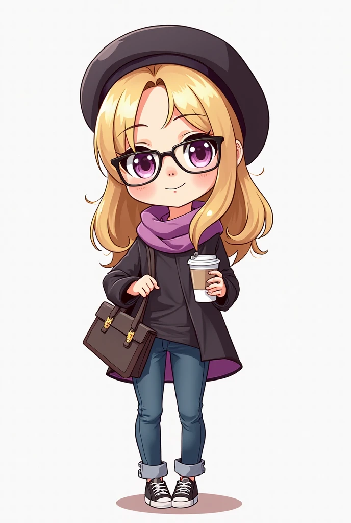 (chef-d'œuvre ,  style chibi , meilleure qualité:1.2) femme chibi seule faisant face à l'objectif, typée européenne , élancée et athlétique , cheveux raides blonds avec des mèches mauves coupé en carré plongeant, yeux couleur lavande ,  porte des petites lunettes ronde dans le style intellectuels sur le bout de son nez , peau pâle , expression boudeuse , visage rond sans fossette , vêtue d'un pull en laine à col bateau noir , d'un jeans bleu et d'une écharpe mauve , porte une paire de basket noires , porte un béret noir et mauve sur la tête ; le personnage tient un goblet de café à emporter à la main , fond d'image blanc ; Il captive le public , prise de vue globale ,  Poursuite de l'esthétique incroyable qui vous submergera, chibi , design de personnage complexes , accentuations sur le personnage 