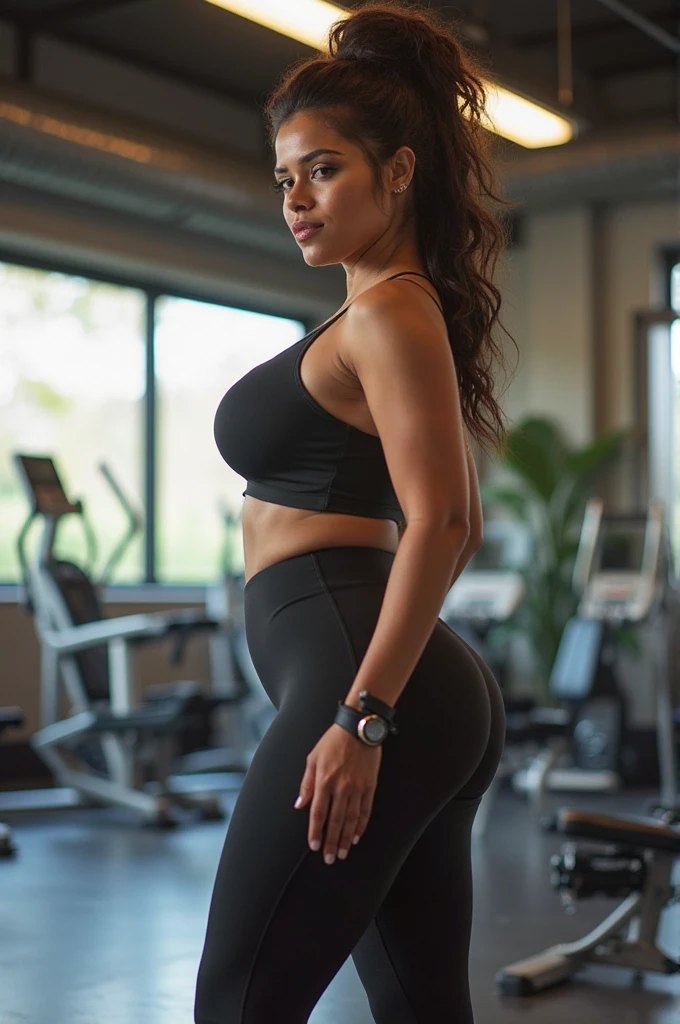 18-year-old, perfect face detailed, Adriana Chechik's face, Beyonce's body, voluptuous body, Light smile, She channels strength and determination in a sleek black sports bra paired with high-performance leggings, dominating her home gym with each powerful workout session, RAW format, Nikon Z 85mm