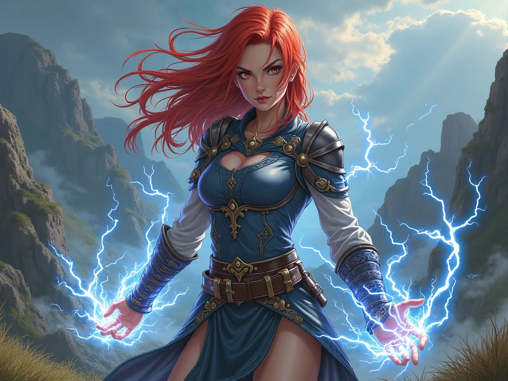 Make a blue-eyed red-haired, blue-eyed Amazon Elf in a warrior outfit unleashing a super magic from her sword, cores vibrantes, contraste e brilho perfeito, estilo cinema, 16k, super atraente