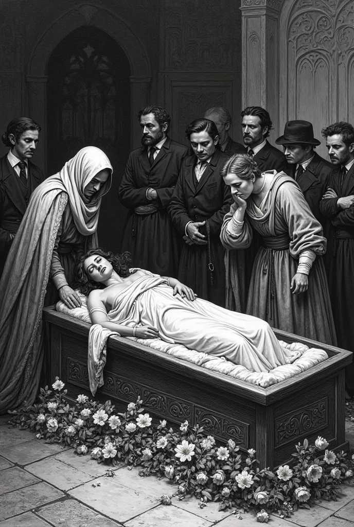 Scene of a girl lying in bed with maids and servants weeping around her while a black maid embraces her in black and white drawing with shadows