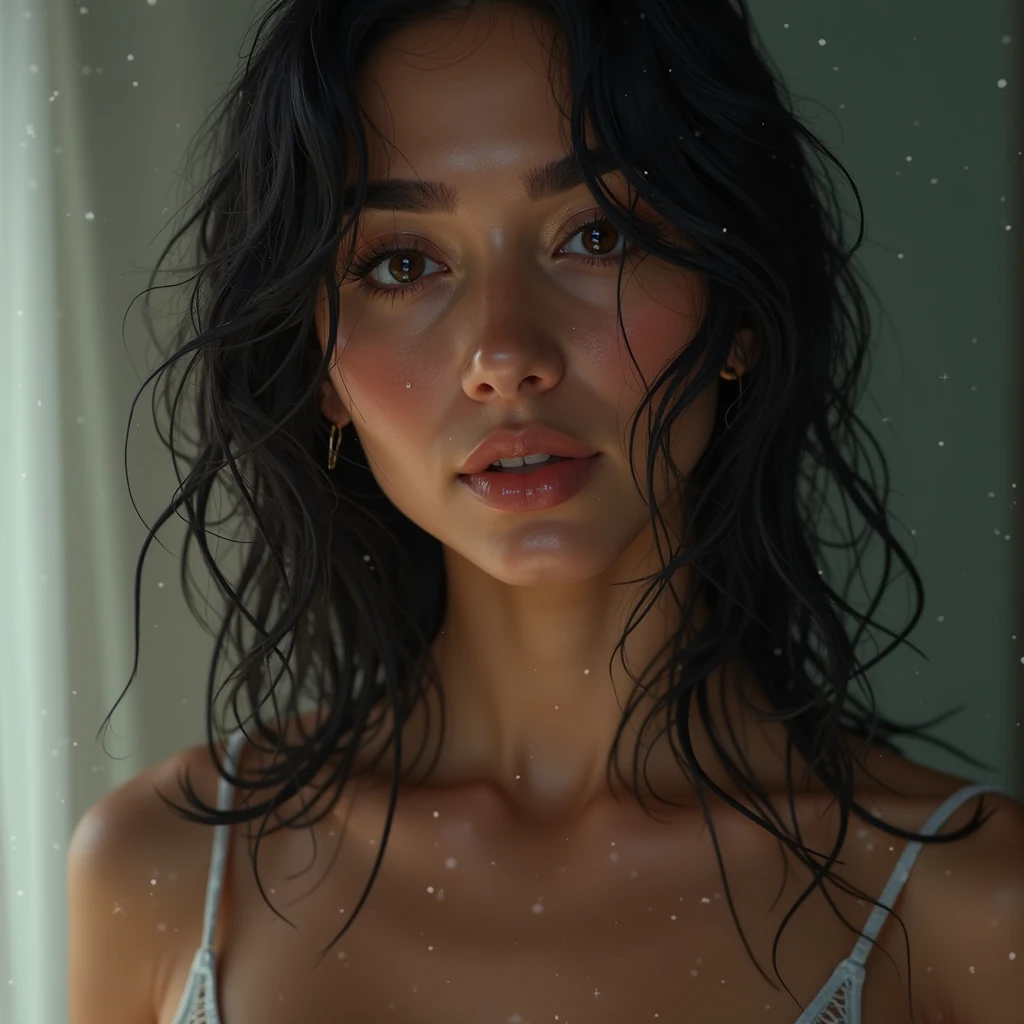 Beautiful bi woman with slightly wet black hair