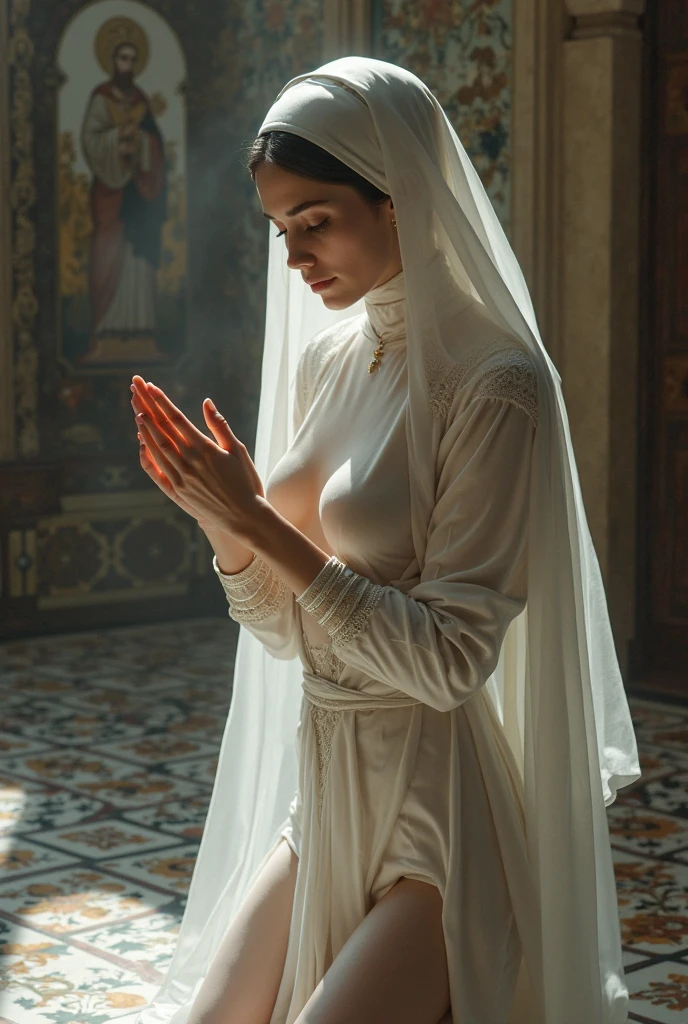 Compose a striking and cinematic photograph featuring a woman Malay hijab, 21 years old, body plump, thick thigh, detail eyes, eyes were clearly visible, (wearing Ancient Arab national costumes:1.4), earring, surrounded by females followers. Use dramatic and moody lighting techniques to create a compelling atmosphere that highlights the intensity and power dynamics within the group. Pay special attention to the woman's confident and enigmatic expression as she commands the respect and allegiance of her followers. Capture the essence of their unity and authority, evoking a sense of intrigue and strength that defines their presence in the church", curvy, provoke pose, inside the church, NSFW, SFW, (wet face and hijab with lot of semen), ultra detail, (pussy:1.1).