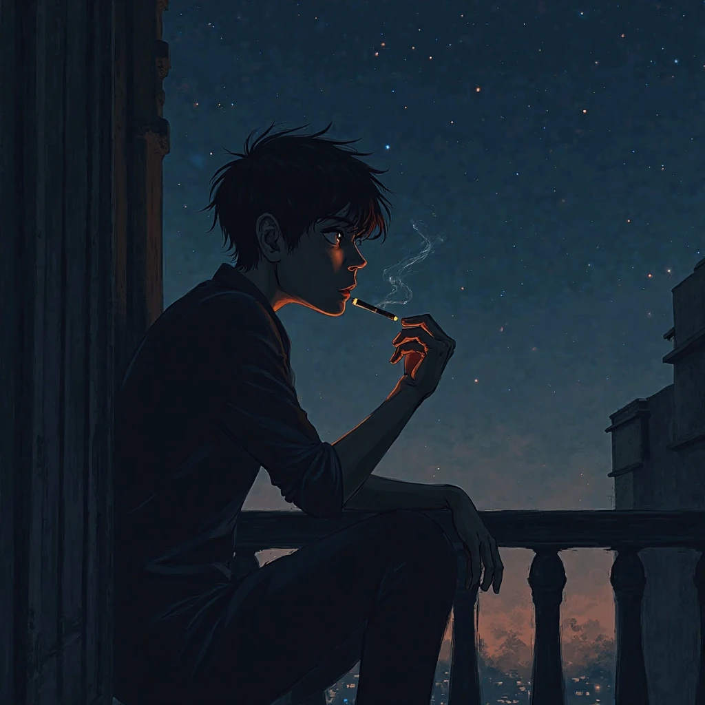 anime boy sitting smoking and looking out the window
