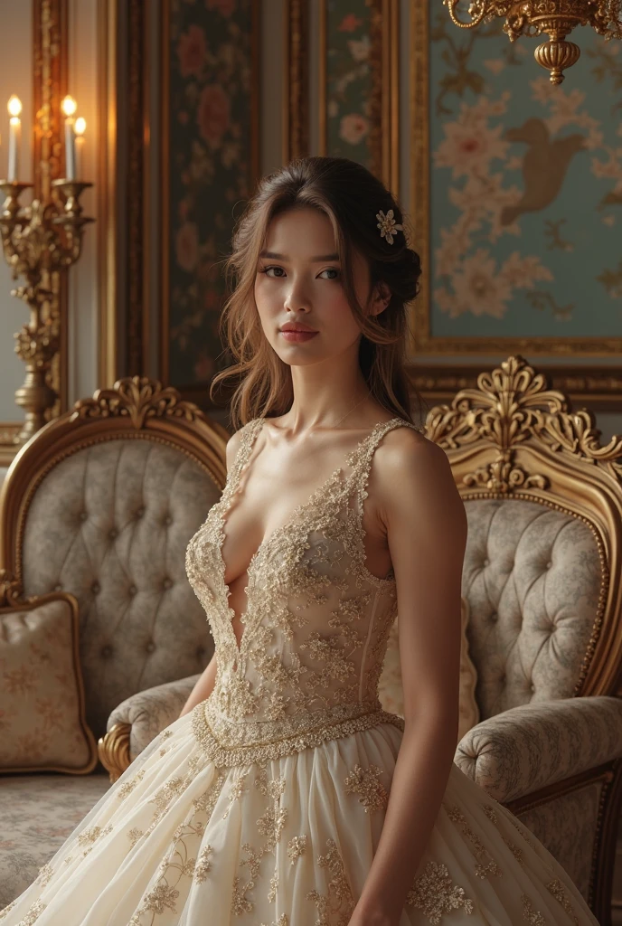 a woman in a white dress posing for a picture, a statue by Nagasawa Rosetsu, trending on cg society, arabesque, anime figure, anime thai girl, asian hyperdetailed, (best quality,4k,8k,highres,masterpiece:1.2),ultra-detailed,(realistic,photorealistic,photo-realistic:1.37),hyper realistic, intricate details, warm lighting, soft focus, delicate features, elegant pose, flowing dress, detailed jewelry, beautiful eyes, cute expression, floral accents, ornate background