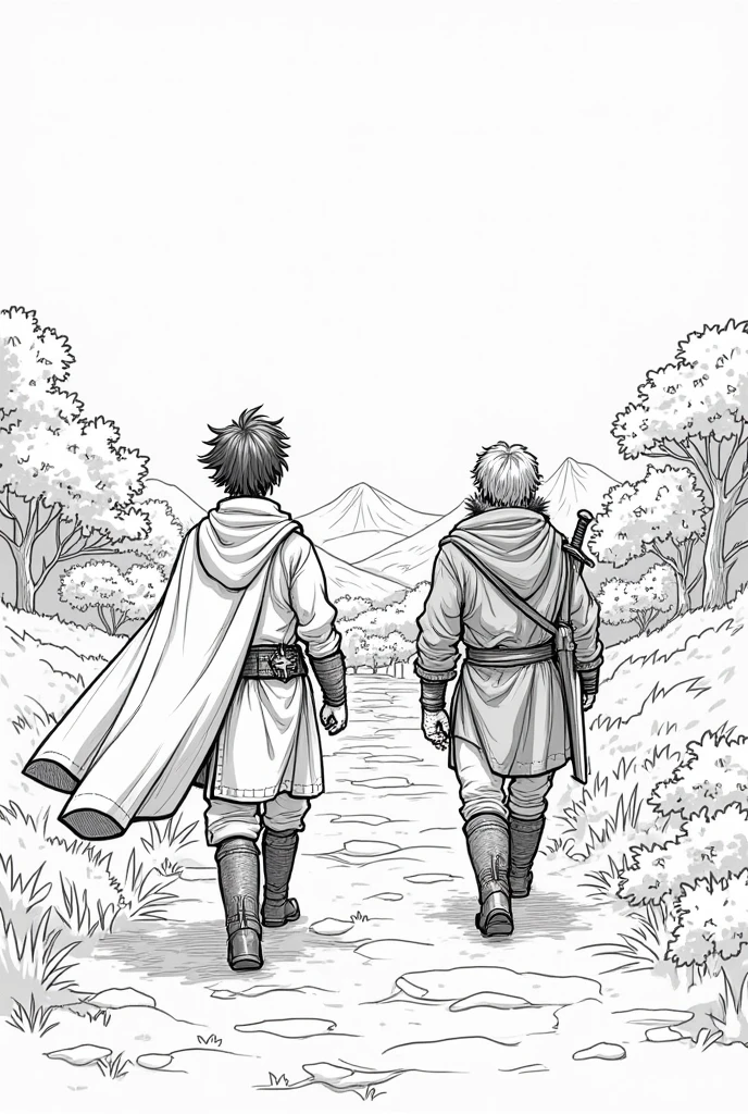 Black and white art with simple features of two adventurers seen , setting out on a dangerous journey. love, a determined dark-haired young man, wears a simple tunic and carries a small dagger attached to his belt. on its side, barda, a strong, bearded warrior, wears a heavy cape and carries a large sword on his back. They walk along a winding dirt path that leads away from a Medieval city, with distant mountains and shady forests ahead. The wind blows their capes lightly as they head into the unknown. simple outlines, without shading, designed for a coloring book.
