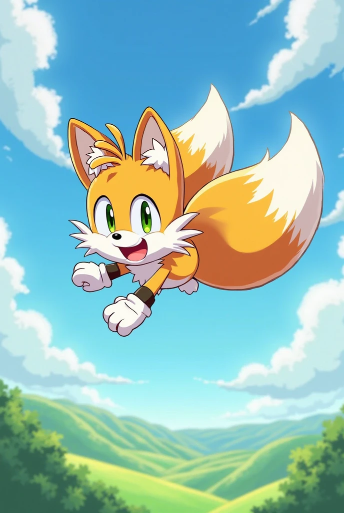 mammal, canid, canine, fox, naoto_ohshima, miles_prower, young, anthro, solo, anthro, mostly_nude, red_footwear, white_gloves, sega, official_art, toony, sky, masterpiece, best_quality, safe