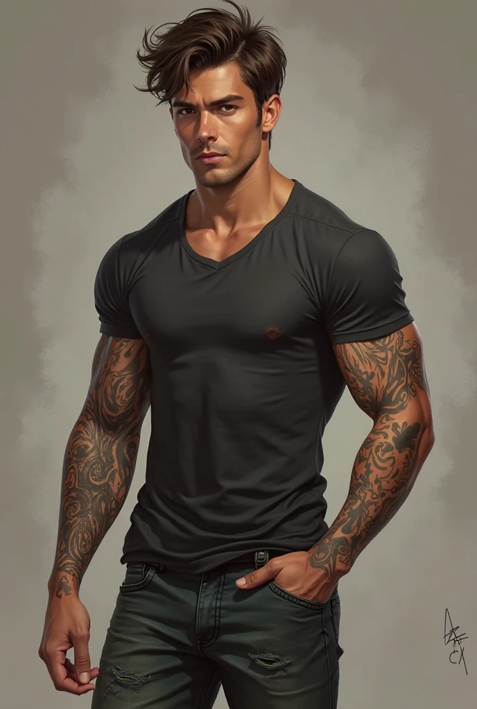 AI design imvu drawing a young muscular man with beard small thin with tattoo “ruy” and other tattoos background room
