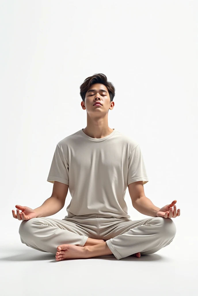 Realistic   25 Korean  man, white skin, muscular body, sitting on wooden floor of living room with black curtain curtains background. Legs are wide open in a cross legs with big dick highlighted from full gray   lower.  hands are also wide open and behind legs taking support from floor , black eyes. Make it the whole picture so much realistic. 
